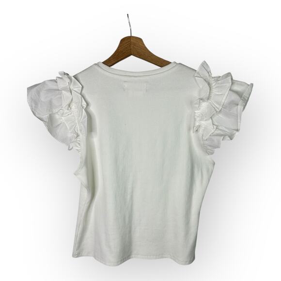 Anthropologie Womens size Large Ruffle Short Sleeve Ribbed Top White - Picture 2 of 8